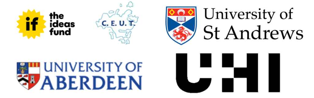 The logo of the funder, The Ideas Fund, is shown next to CEUT's logo. The other participating partners, University of St Andrews, University of Aberdeen, and University of the Highlands and Islands, are shown by their logo.